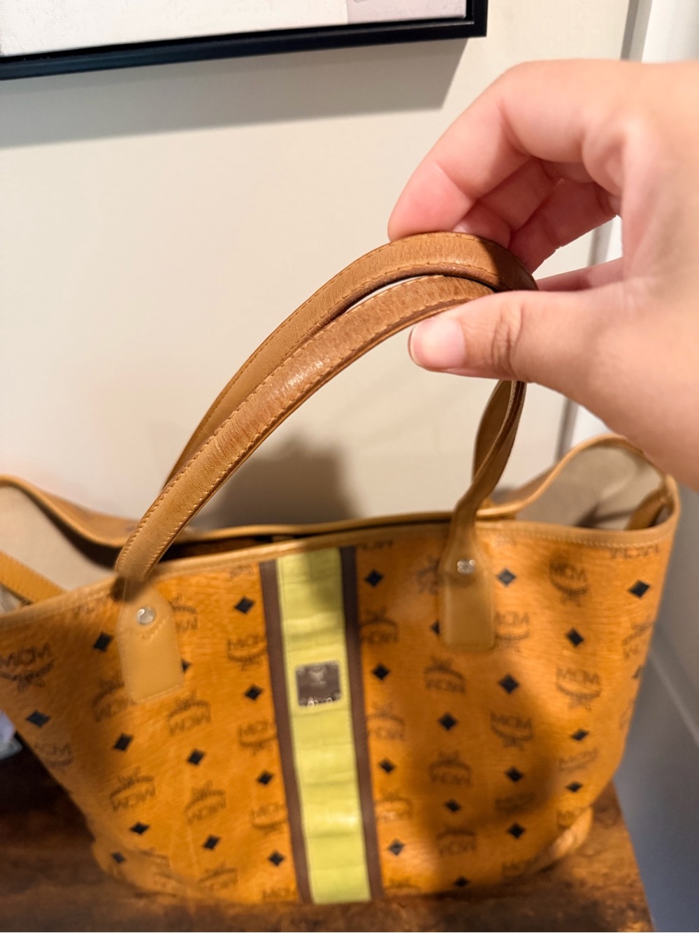 MCM Cognac Monogram Tote with Lime Stripe - Picture 2 of 5